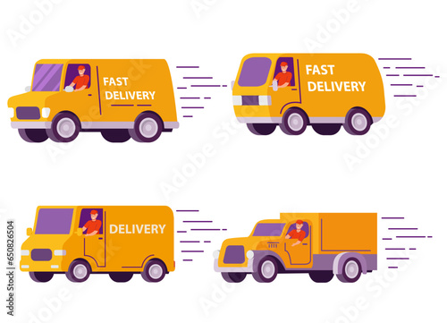 The postman is driving a van.Isolated on white background.Flat vector.Moving is a fast driver.Shipping fast delivery truck.Delivery truck with man.Delivery courier man.Cargo transportation.