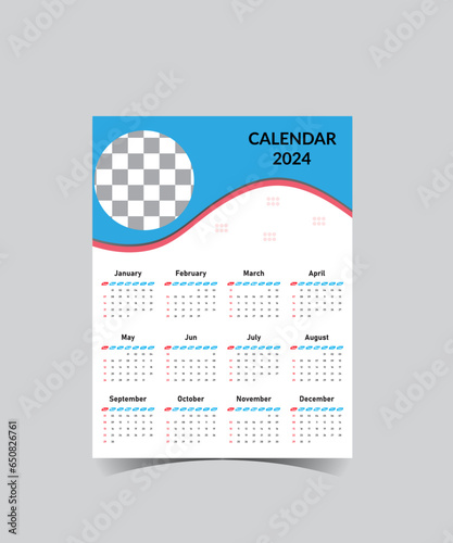 Modern 2024 one-page wall calendar layout template Calendar with twelve months on a single page