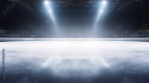 Icy Serenity: A serene winter background featuring an empty ice rink bathed in the glow of enchanting lights. © ckybe
