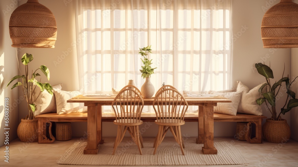 Fototapeta premium Plants and rug in natural dining room interior with white chairs and table under lamp. Real photo