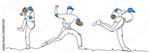 Baseball player pitcher throws the ball. One continuous line art drawing of baseball pitcher