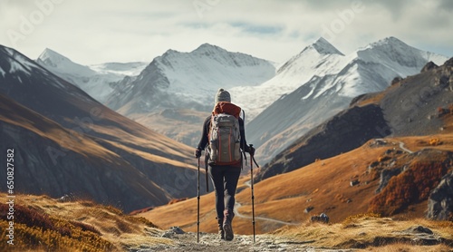 Fotografering Mujer practicando trekking por una montaña nevada