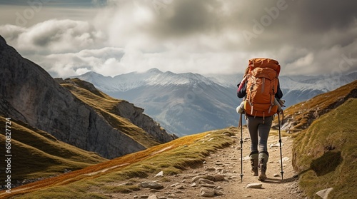Billede på lærred Mujer con palos de trekking en un camino de alta montaña