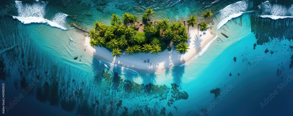 Drone shot of a remote tropical island, featuring turquoise waters, palm-fringed beaches, and coral reefs from above