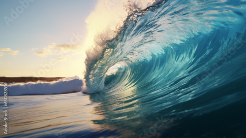 A powerful blue wave crashing onto the shore