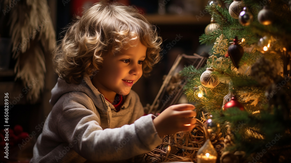 Christmas happy little child decorating tree at home, winter holidays, charity and people concept Merry Christmas Holiday concept - obrazy, fototapety, plakaty 