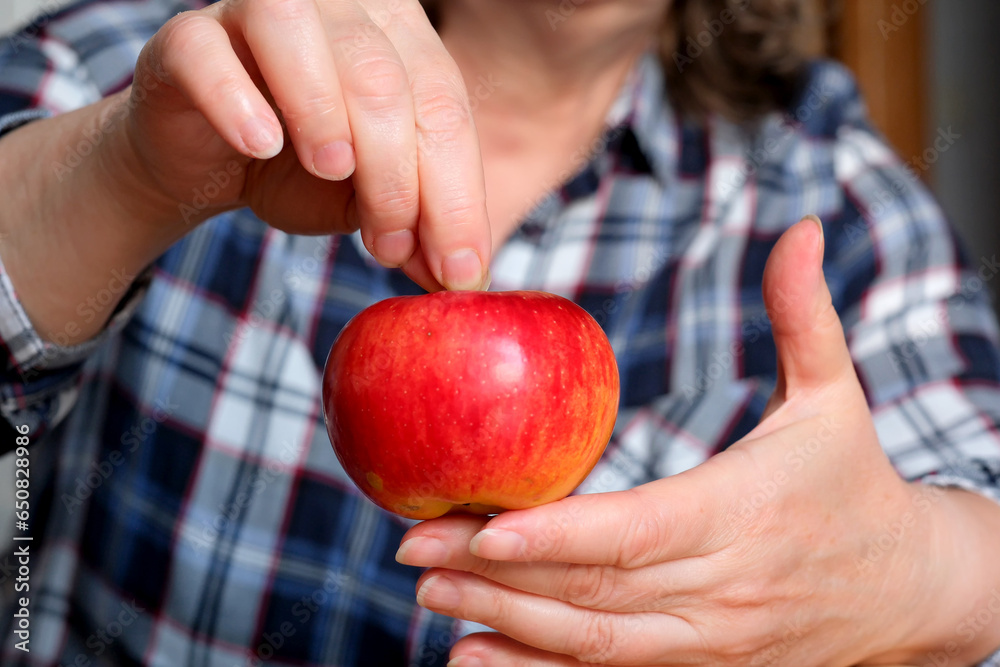 The hands of an elderly woman hold a red ripe tasty juicy apple The hands of an elderly woman hold a red ripe tasty juicy apple