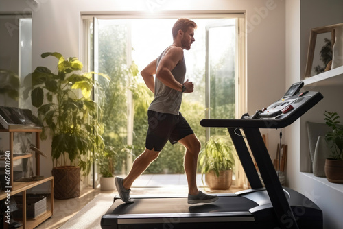 Home Fitness: Young Man Exercising on Treadmill