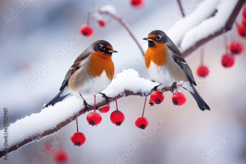 Pair of red-breasted robins perched on a snow-covered tree branch © thejokercze
