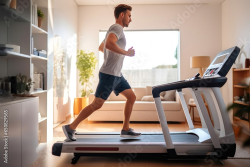 Active Lifestyle: Profile of Man Running on Home Treadmill © AIproduction