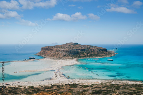 Aerial top down drone view of Balos bay beach at Chania, Greece. Famous tourism travel destination.