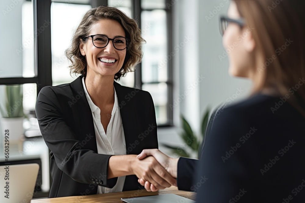 Happy mid aged business woman manager handshaking greeting client in office. Smiling female executive making successful deal with partner shaking hand at work - Generative AI
