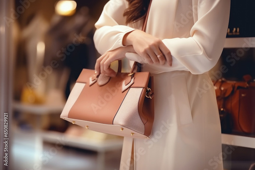 Female shopper trying on and choosing a luxury handbag to matching her elegant style photo