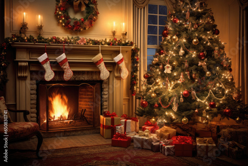 Christmas living room scene with a beautifully decorated tree, stockings hung by the fireplace, and warm, glowing lights