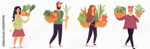 A collection of vector illustrations depicting farmers and vendors at a vibrant farmers market
