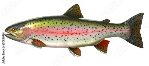 Big rainbow trout. River fish side view, illustration isolate realistic on white background.
