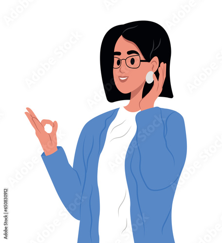 Deaf mute young woman on white background. An adult learns sign language for the deaf disabled.