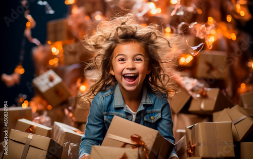 Many gift boxes falling around a young happy surprised child