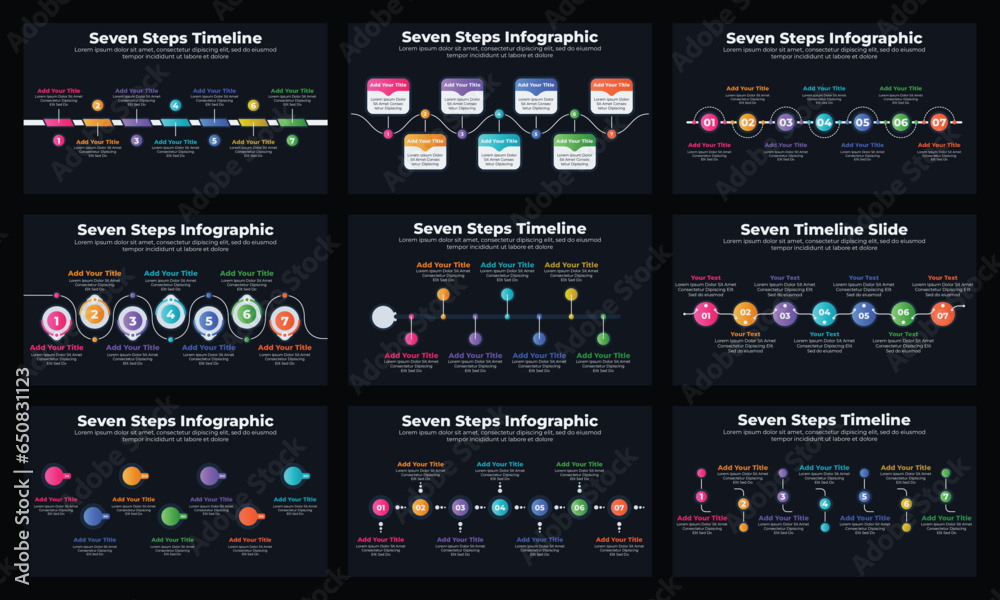 Marketing infographic elements or template bundle for presentation slide with dark theme