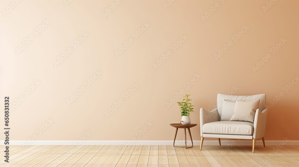 Modern minimalist interior with an armchair on empty cream color wall background, Generative AI  - obrazy, fototapety, plakaty 