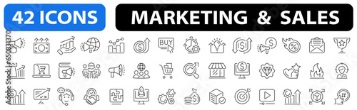 Marketing & Sales 42 icon set. Outline icon collection. Growth profit symbol. Business successful concept. Vector illustration.