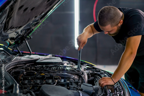 A car service worker with a wrench in his hands fixes a car in chamillion-colored film with the hood open 