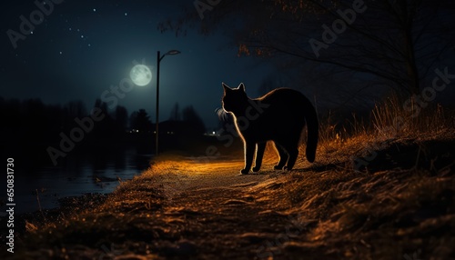 Photo of a mysterious black cat standing alone on a moonlit path at night