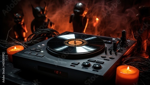 Photo of a vintage record player surrounded by candles and nostalgic items