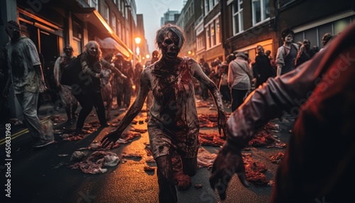 Photo of a creepy horde of zombies marching through a deserted street