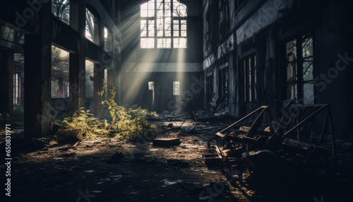Photo of an abandoned building with rays of sunlight illuminating the interior