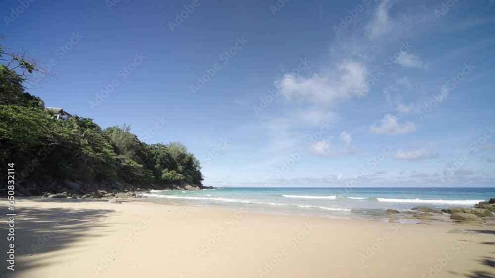 Panorama beautiful white sand beach sea turquoise water. Empty beach seascape background. Blue sea water surrounded mountains. Panorama beautiful white sand beach sea turquoise water. Empty beach seascape background. Blue sea water surrounded mountains.