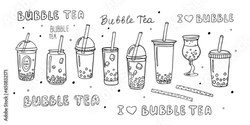 Cute set of hand drawn bubble tea theme elements and lettering. I love bubble tea. Boba milk tea, pearl milk tea and yummy drinks banner.  Cold tea with tapioca splashing liquid. Doodle style. 