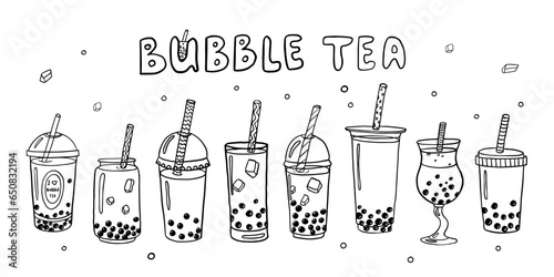 Cute set of hand drawn bubble milk tea theme elements and lettering in doodle style. Vector illustration EPS10. Isolated on white background