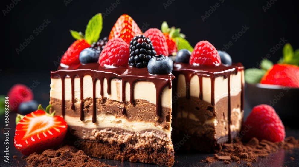 A homemade chocolate cheesecake with raspberry and berry fruit decoration, Generative AI