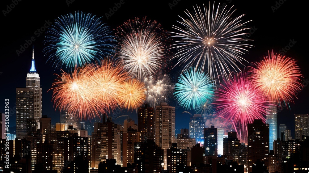 Fototapeta premium Fireworks at New Year in the night sky, Generative AI