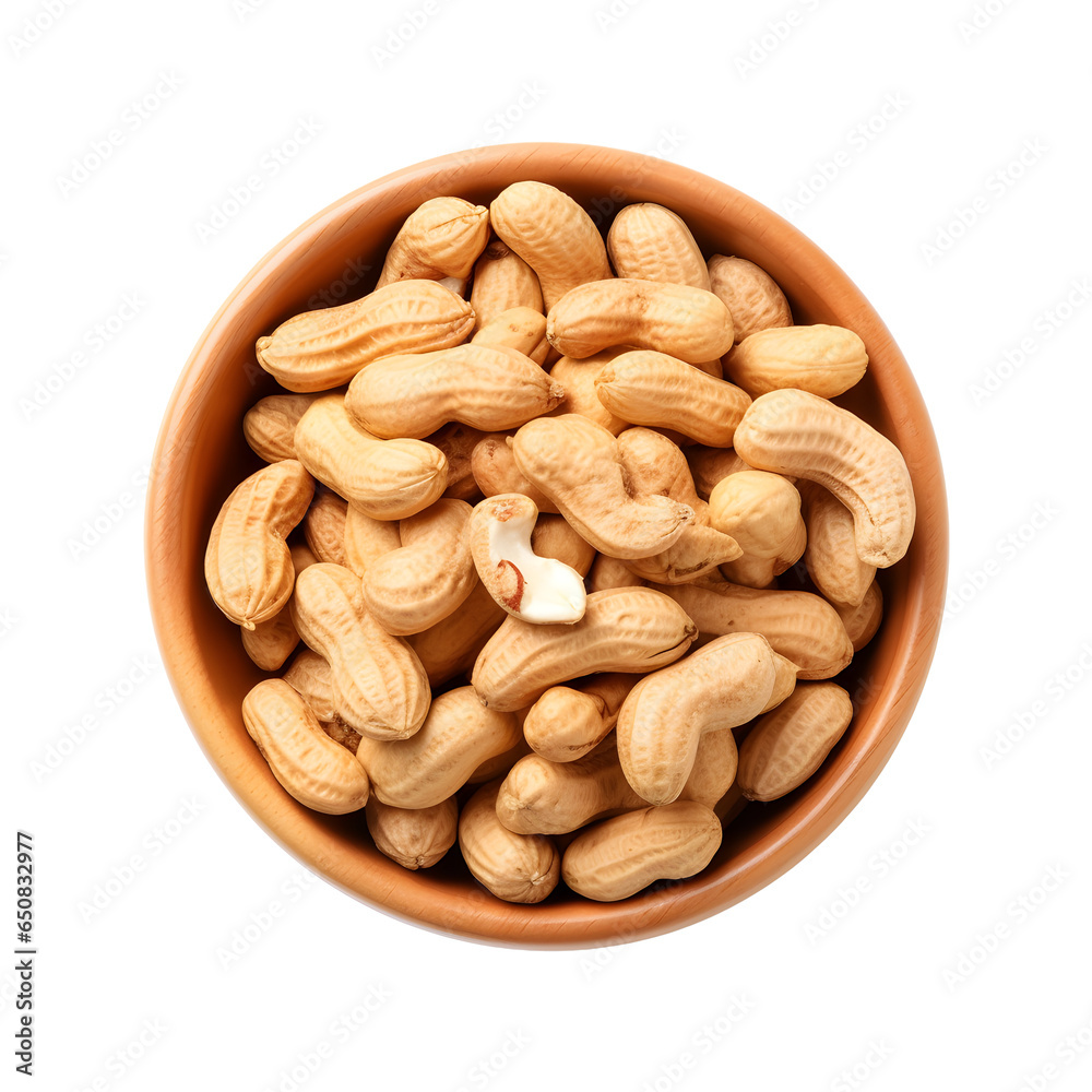 Peanuts in bowl isolated on transparent background. Top view. Generative AI Peanuts in bowl isolated on transparent background. Top view. Generative AI