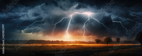 Thunderstorm with lightning striking over a dramatic landscape