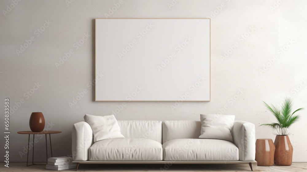A Mockup poster blank frame, hanging on marble wall, above minimalist coffee table, Contemporary loft A Mockup poster blank frame, hanging on marble wall, above minimalist coffee table, Contemporary loft