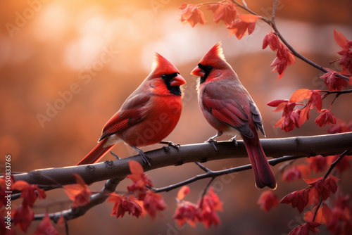 Pair of cardinal birds in an autumn scene photo