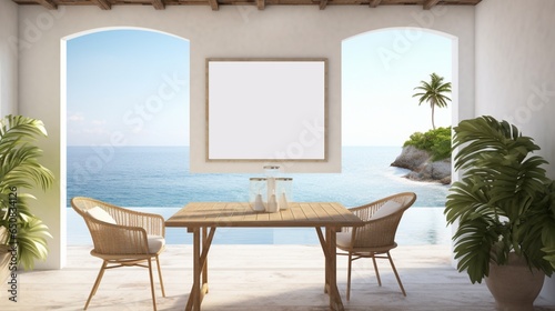 A Mockup poster blank frame, hanging on marble wall, above coastal dining table, Beachside cottage
