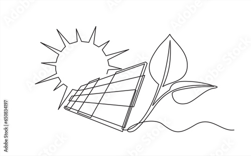 Continuous line drawing solar panel, sun and plant, symbol for solar energy.Can used for logo, emblem, slide show and banner. Order a banner for one line drawing