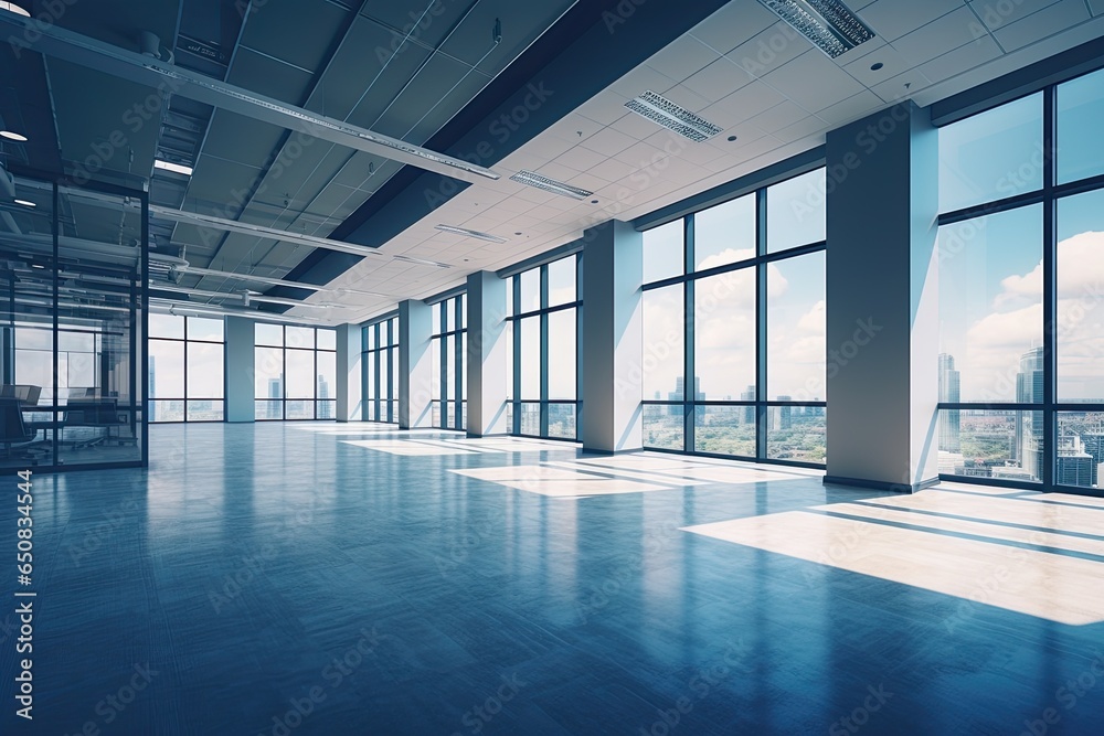 Fototapeta premium Empty office hall open space interior. Business conference company background with glas front - Generative AI