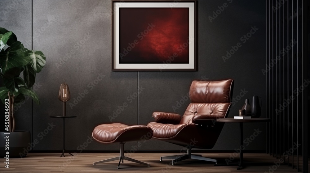 A Mockup poster blank frame, hanging on leather wall, above leather recliner, Modern cigar lounge A Mockup poster blank frame, hanging on leather wall, above leather recliner, Modern cigar lounge