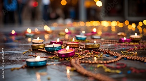 Happy Diwali - festival of lights colorful background with decorative Diya lamp and Rangoli, Generative AI