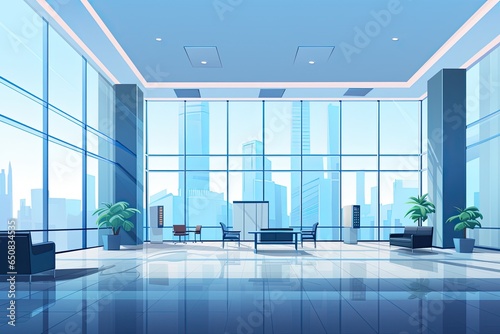 Empty office hall open space interior. Business conference company background with glas front - Generative AI