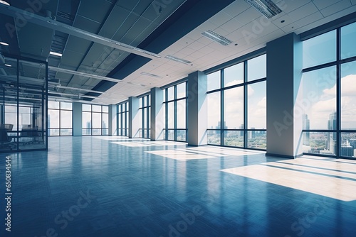 Empty office hall open space interior. Business conference company background with glas front - Generative AI
