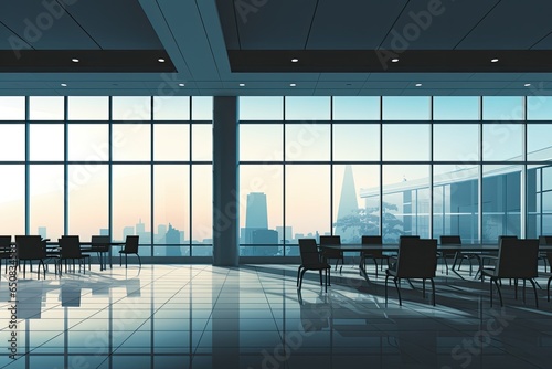 Empty office hall open space interior. Business conference company background with glas front - Generative AI