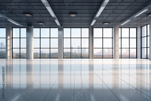 Empty office hall open space interior. Business conference company background with glas front - Generative AI