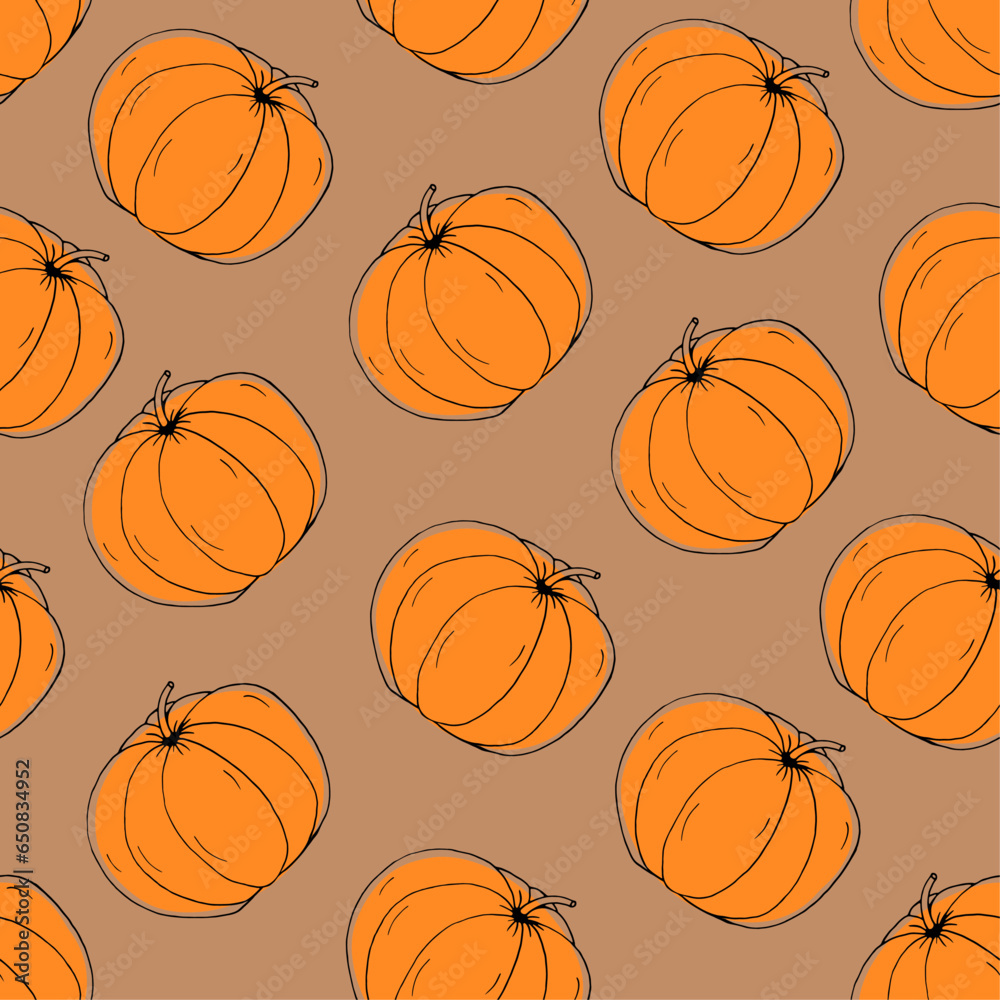 Seamless pattern pumpkin doodle on a brown background.