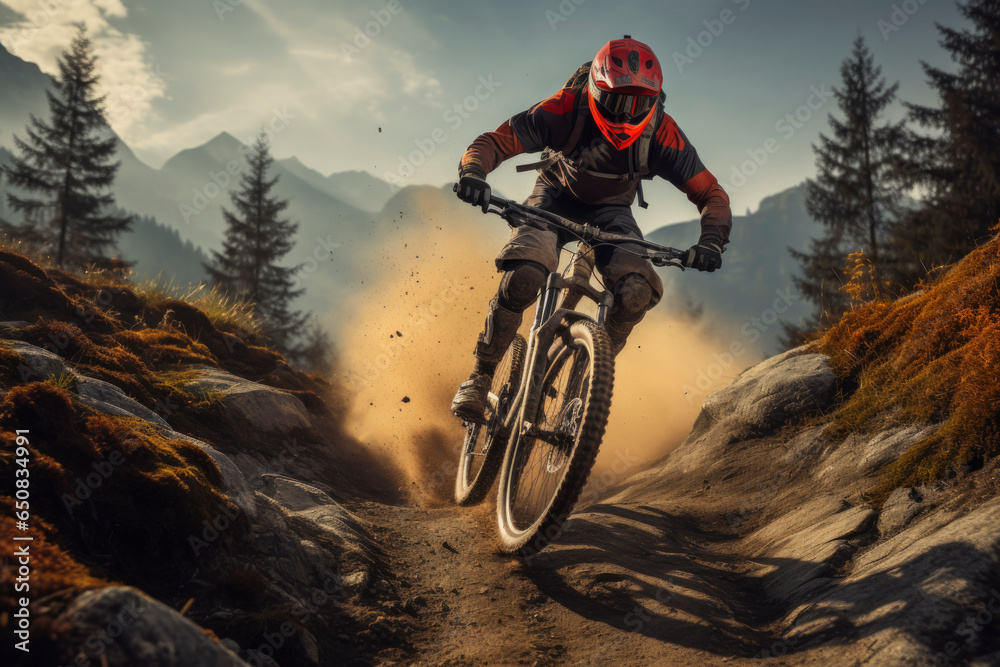 Naklejka premium Cyclist Riding the Bike Down the Rock at Sunrise in the Beautiful Mountains on the Background. Extreme Sport and Enduro Biking Concept.